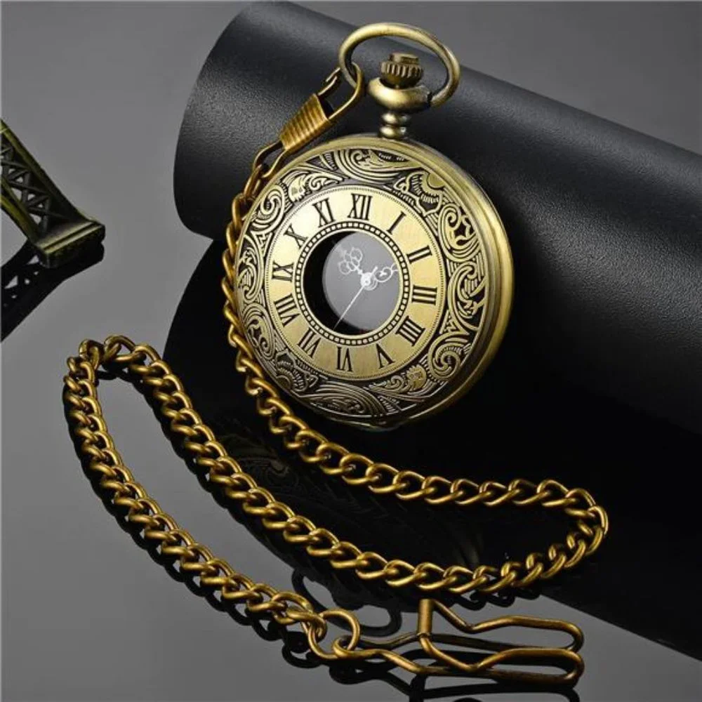 Vintage Style Brass Pocket Watch - Gold Tone with Roman Dial